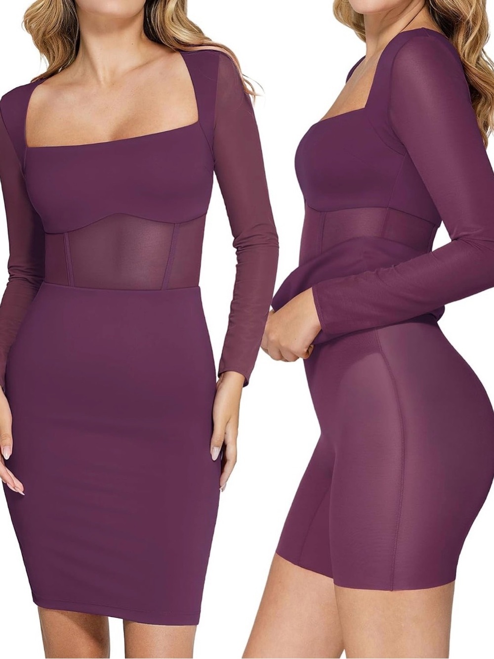 NWT Popilush Shapewear Long Sleeve Mesh Inset Bodycon Midi Dress Purple
